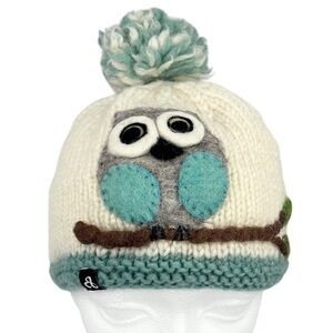 Ambler Mountain Works Canada 100% Knit Wool Owl Beanie with Pom Pom Kids M/L